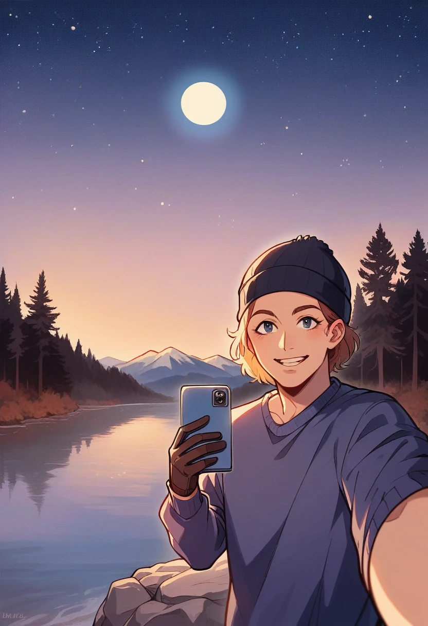 photograph, photo of young couple , selfie together, embrace together , movie style, upper body, solo, wearing pullover, outdoors, (night), mountains, real life nature, stars, moon, cheerful, happy, gloves, sweater, beanie, forest, rocks, river, wood, smoke, fog, looking at viewer, skin texture, photo grain, close up, RAW photo