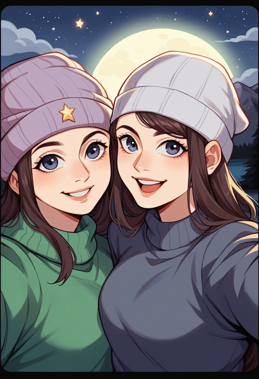photograph, photo of young couple , selfie together, embrace together , movie style, upper body, solo, wearing pullover, outdoors, (night), mountains, real life nature, stars, moon, cheerful, happy, gloves, sweater, beanie, forest, rocks, river, wood, smoke, fog, looking at viewer, skin texture, photo grain, close up, RAW photo