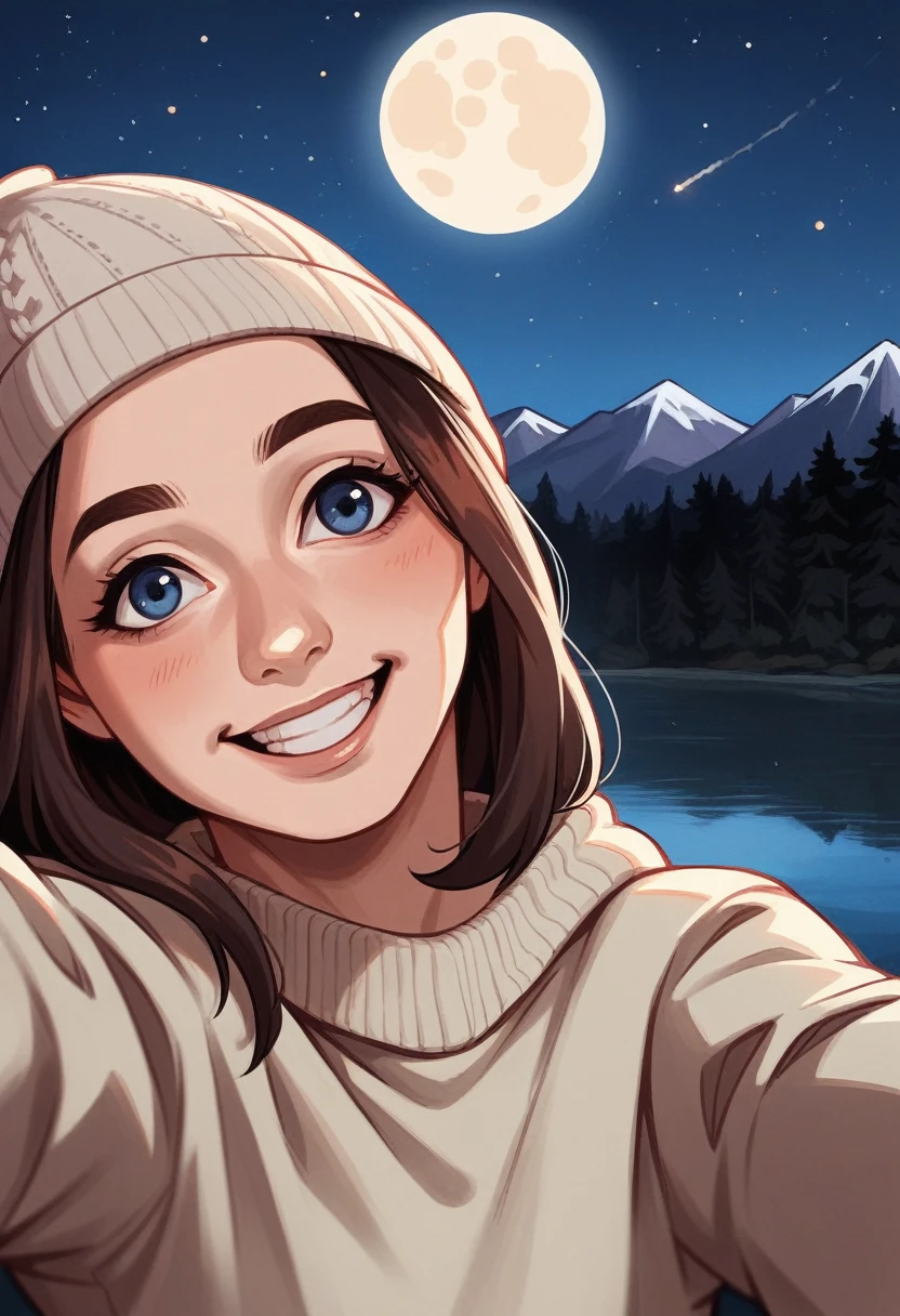 photograph, photo of young couple , selfie together, embrace together , movie style, upper body, solo, wearing pullover, outdoors, (night), mountains, real life nature, stars, moon, cheerful, happy, gloves, sweater, beanie, forest, rocks, river, wood, smoke, fog, looking at viewer, skin texture, photo grain, close up, RAW photo
