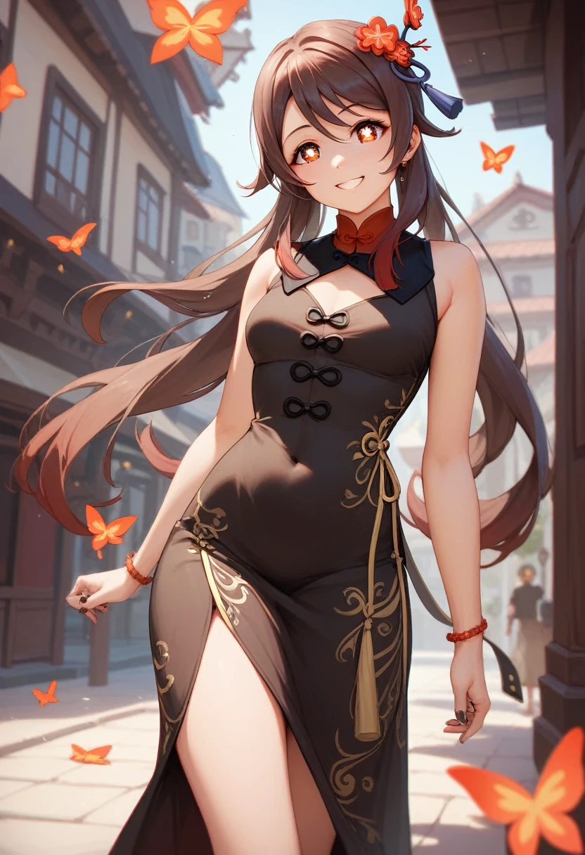 Masterpiece, best quality,highres, cartoon , love live style,Hu tao, modest dress, smile , standing, cowboy shot 