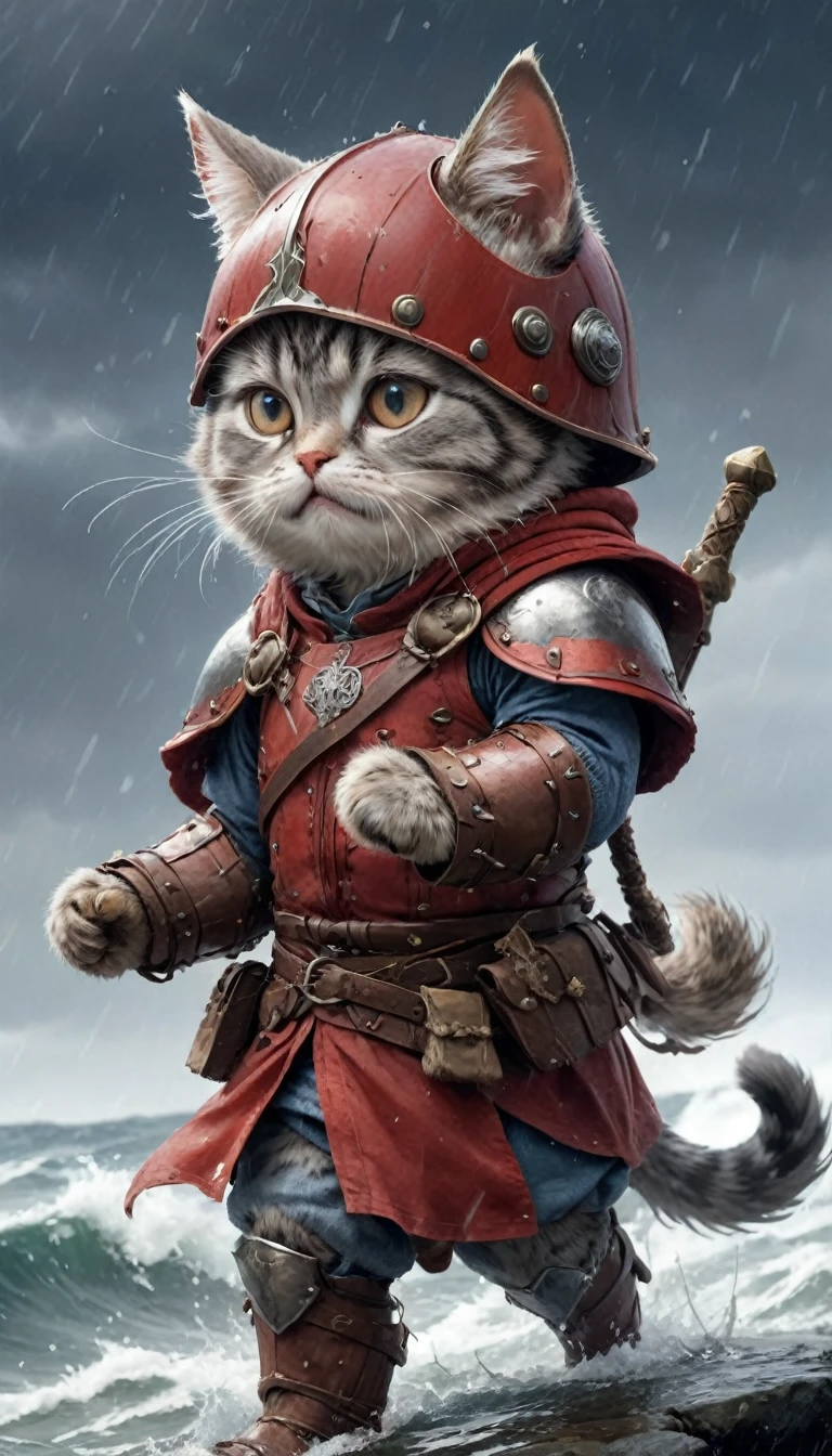 Crying face、tears、small, かわいいto be bornき物, Viking wearing red armor、 whole body,small , Falling, Costume, Stormy Sea、 Fantasy art, Exquisite detail, Jean-Baptiste Monge Style, office、Alan Lee Style, Anthropomorphic, Fat, Grey cat with big eyes, Movie Scenes, Dramatic shot angles, , Realistic, to be born々Stunning cinematic photorealism, Action Portrait, 8k, detailed, Full Frame、defeat、Falling