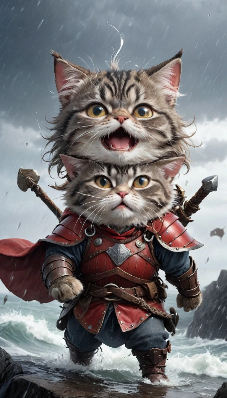 Crying face、tears、small, かわいいto be bornき物, Viking wearing red armor、 whole body,small , Falling, Costume, Stormy Sea、 Fantasy art, Exquisite detail, Jean-Baptiste Monge Style, office、Alan Lee Style, Anthropomorphic, Fat, Grey cat with big eyes, Movie Scenes, Dramatic shot angles, , Realistic, to be born々Stunning cinematic photorealism, Action Portrait, 8k, detailed, Full Frame、defeat、Falling