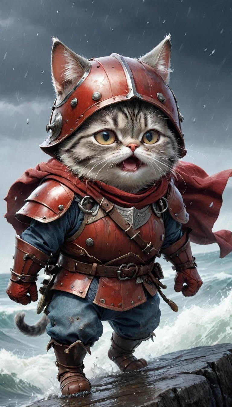 Crying face、tears、small, かわいいto be bornき物, Viking wearing red armor、 whole body,small , Falling, Costume, Stormy Sea、 Fantasy art, Exquisite detail, Jean-Baptiste Monge Style, office、Alan Lee Style, Anthropomorphic, Fat, Grey cat with big eyes, Movie Scenes, Dramatic shot angles, , Realistic, to be born々Stunning cinematic photorealism, Action Portrait, 8k, detailed, Full Frame、defeat、Falling
