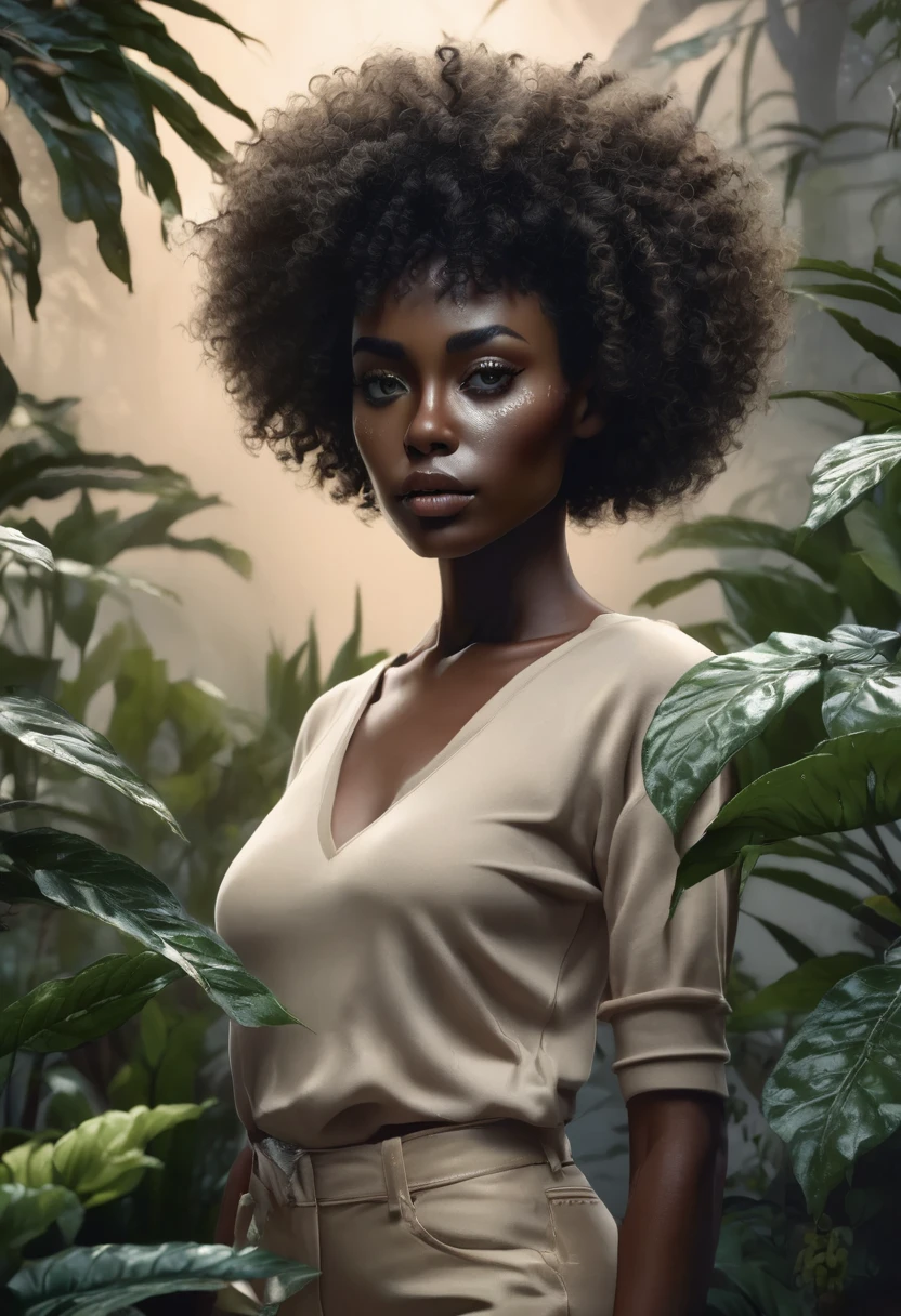 1 woman, decoration with many plants in the background, wearing a beige outfit, feminine green eyes, detailed black skin with vitiligo, short curly blonde hair, Afro descent, black skin with vitiligo, dramatic lighting, cinematic composition, cold palette, nocturnal environment, dark colors, atmospheric fog, thin chin, athletic body (best quality, 4K, 8K, high resolution, art: 1.2), ultra-detailed, (realistic, photorealistic, photorealistic: 1.37)