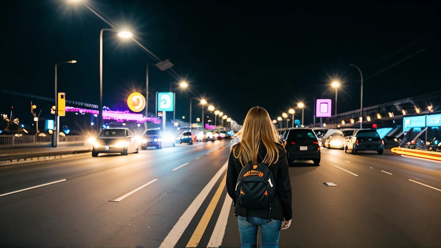 girl stands in the middle of a busy road, A lot of cars, night, фото Canon 5d