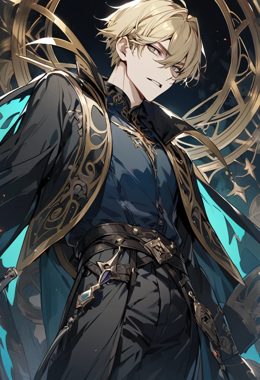 Handsome, solo, 1 male, short hair, grey eyes, blond hair, dark blue clothes, necromancer