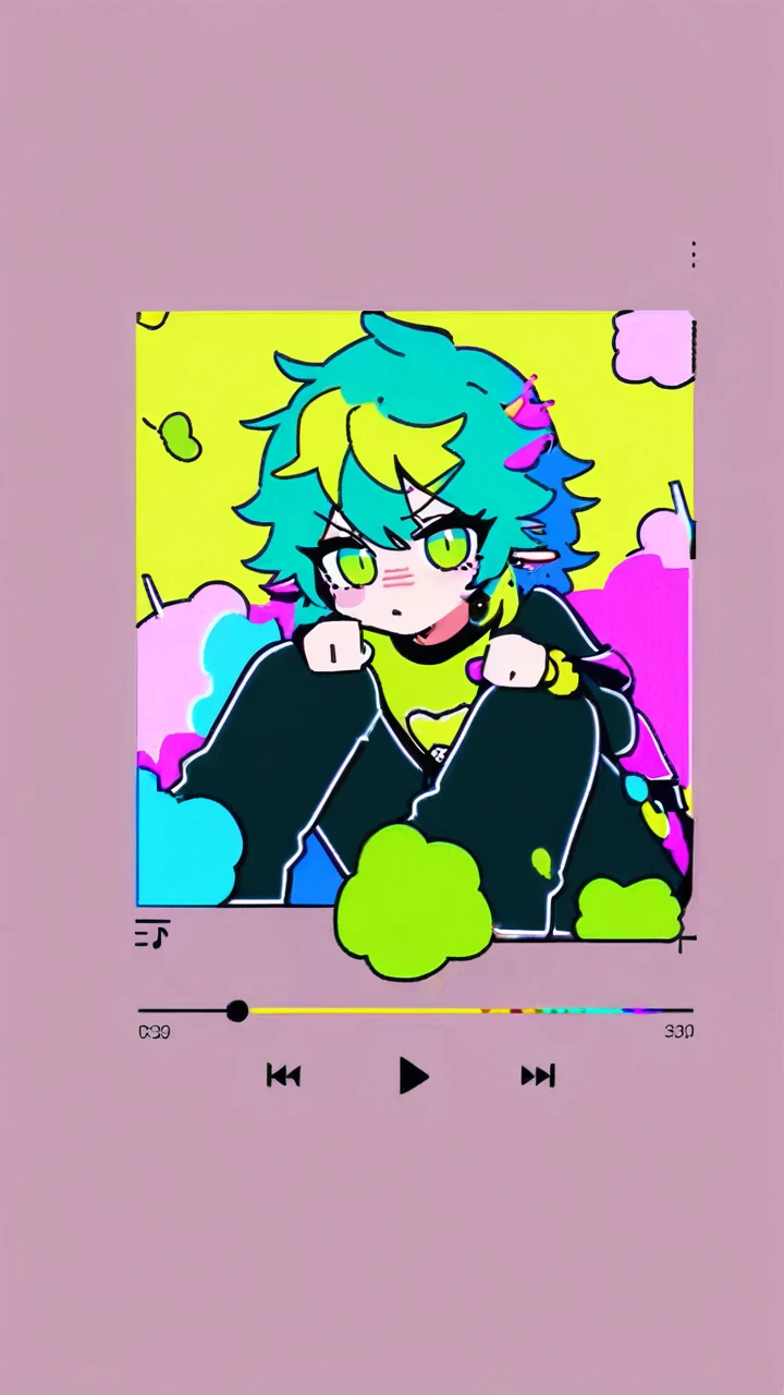 cute human girl with otter ears, fluffy hair, tomboy vibe, colorful lime green hair, slight cyberpunk vibe