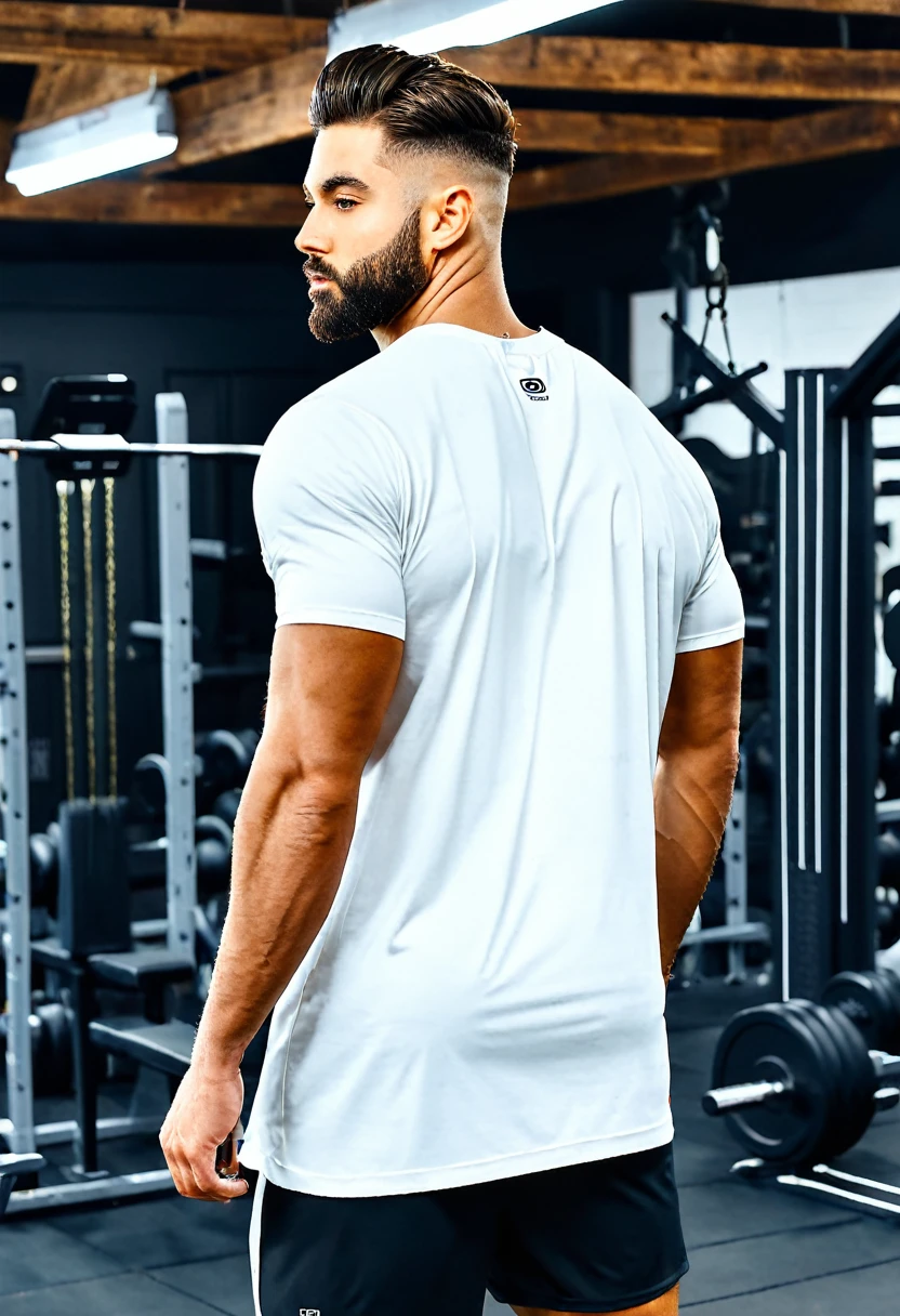 generate an image of loose t-shirt oversized model to post on Instagram and create an advertisement for oversized white gym t-shirts. The image should feature the t-shirts from the back, with people modeling them from the front and back. The focus should be primarily on the back, highlighting the back area for easy editing to add prints on the t-shirts. The environment should be a rustic, slightly dark gym setting to give an authentic workout atmosphere. The images should appeal to stylish individuals who go to the gym and consume gym-related clothing and products. The images should be well-defined and in high resolution. The primary focus should be on the back of the t-shirts, plain shirt