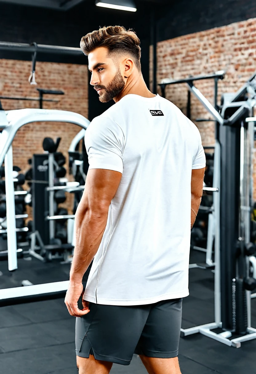 generate an image of loose t-shirt oversized model to post on Instagram and create an advertisement for oversized white gym t-shirts. The image should feature the t-shirts from the back, with people modeling them from the front and back. The focus should be primarily on the back, highlighting the back area for easy editing to add prints on the t-shirts. The environment should be a rustic, slightly dark gym setting to give an authentic workout atmosphere. The images should appeal to stylish individuals who go to the gym and consume gym-related clothing and products. The images should be well-defined and in high resolution. The primary focus should be on the back of the t-shirts, plain shirt