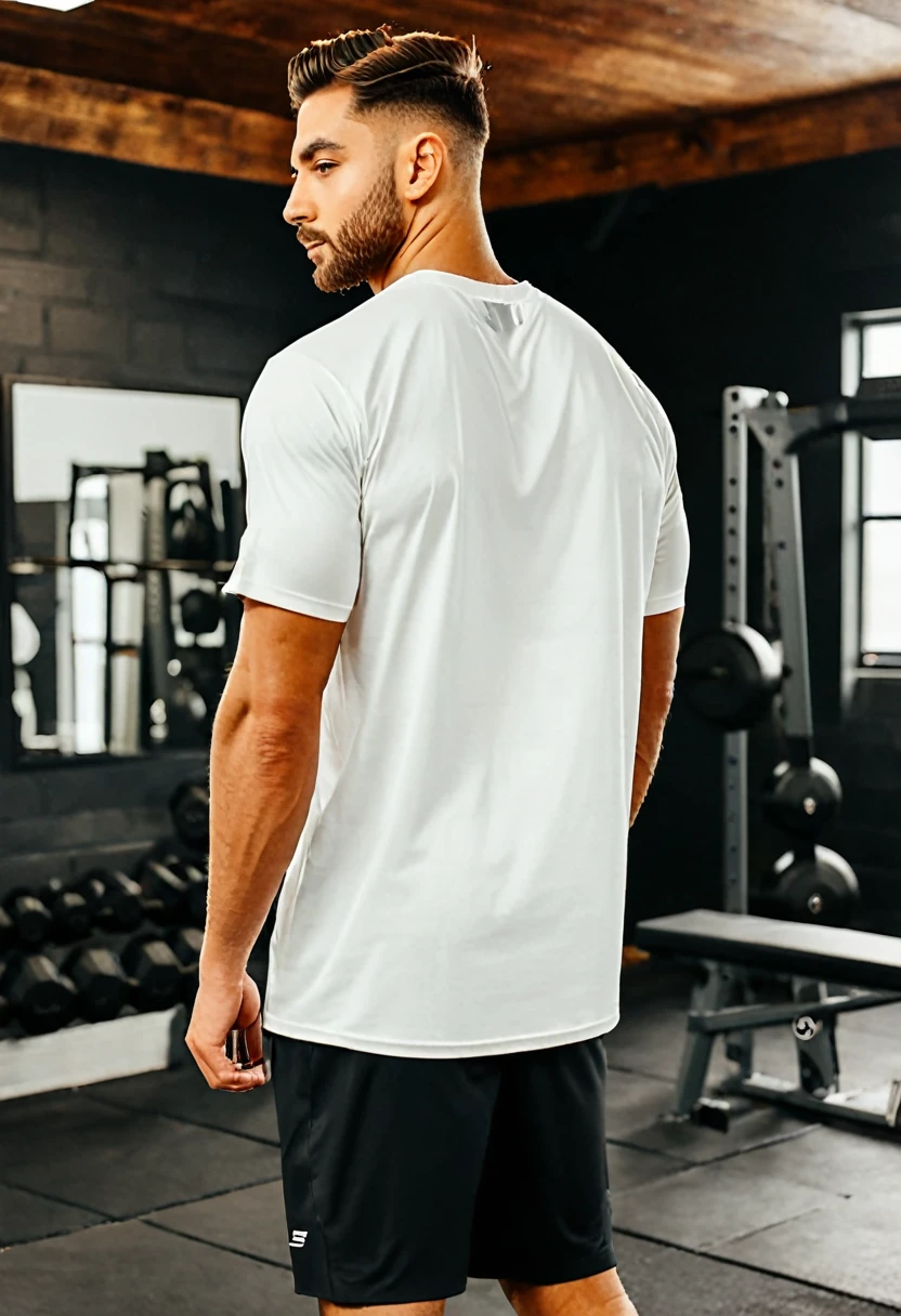 generate an image of loose t-shirt oversized model to post on Instagram and create an advertisement for oversized white gym t-shirts. The image should feature the t-shirts from the back, with people modeling them from the front and back. The focus should be primarily on the back, highlighting the back area for easy editing to add prints on the t-shirts. The environment should be a rustic, slightly dark gym setting to give an authentic workout atmosphere. The images should appeal to stylish individuals who go to the gym and consume gym-related clothing and products. The images should be well-defined and in high resolution. The primary focus should be on the back of the t-shirts, plain shirt