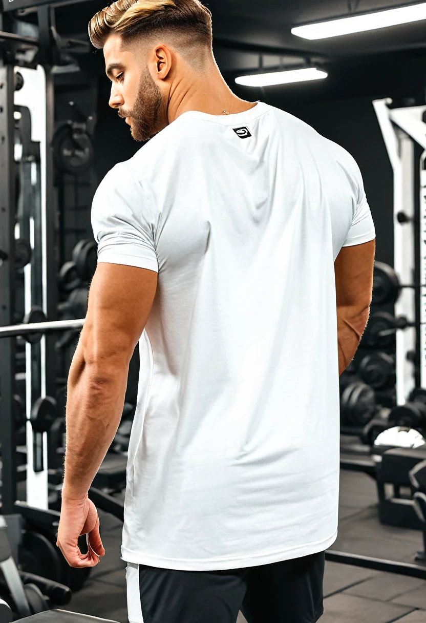 generate an image of loose t-shirt oversized model to post on Instagram and create an advertisement for oversized white gym t-shirts. The image should feature the t-shirts from the back, with people modeling them from the front and back. The focus should be primarily on the back, highlighting the back area for easy editing to add prints on the t-shirts. The environment should be a rustic, slightly dark gym setting to give an authentic workout atmosphere. The images should appeal to stylish individuals who go to the gym and consume gym-related clothing and products. The images should be well-defined and in high resolution. The primary focus should be on the back of the t-shirts, plain shirt