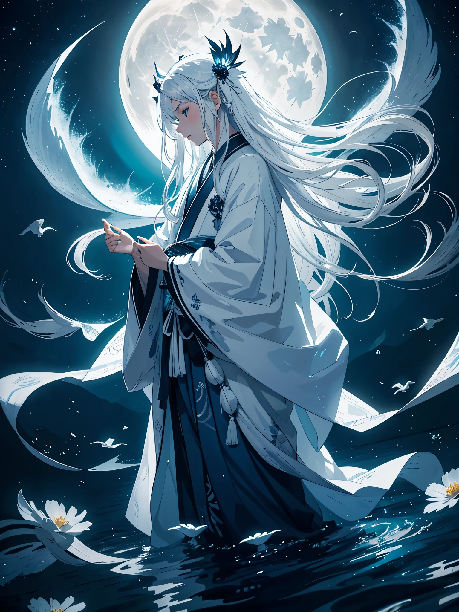 Kimono. White crows. Ghosts. lights. magical. Power animals. Spirit. King of the moon. Long hair. long white hair. aquatic, boy, silver hair accessories, White hair, blue flowers. Blue lights. full moon. holy.
