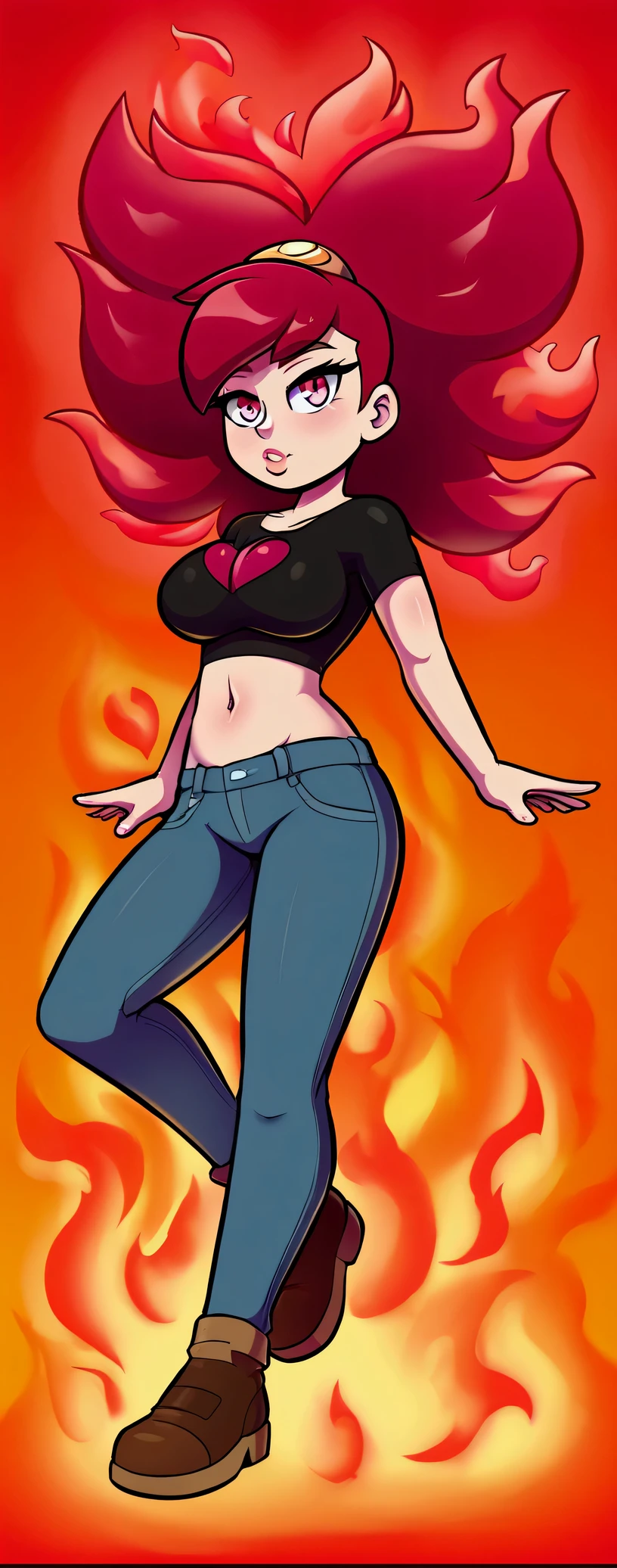 A sexy girl, beautiful action, big breast, dark red hair, cut her eye, pink eyelash, fire red, wears black top, short sleeves, shows navel, sexy curve, and a pair of denim pants, brown shoes.