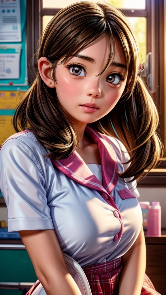 girls,school nurse's office,shy expression,school uniform,physical examination,detailed face,detailed eyes,detailed lips,beautiful detailed skin,photo-realistic,realistic lighting,soft warm colors,highly detailed,intricate details,masterpiece,8k