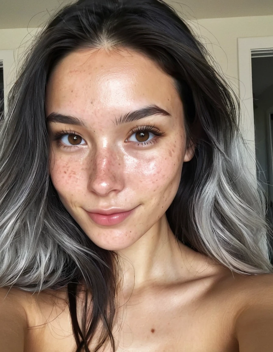 instagram selfie , a 23 year old gorgeous woman , slight smile , detailed skin face and eyes , natural lighting , at home , long hair, naked , natural face , freckles , black hair with silver highlights , brown eyes, dark circles under eyes