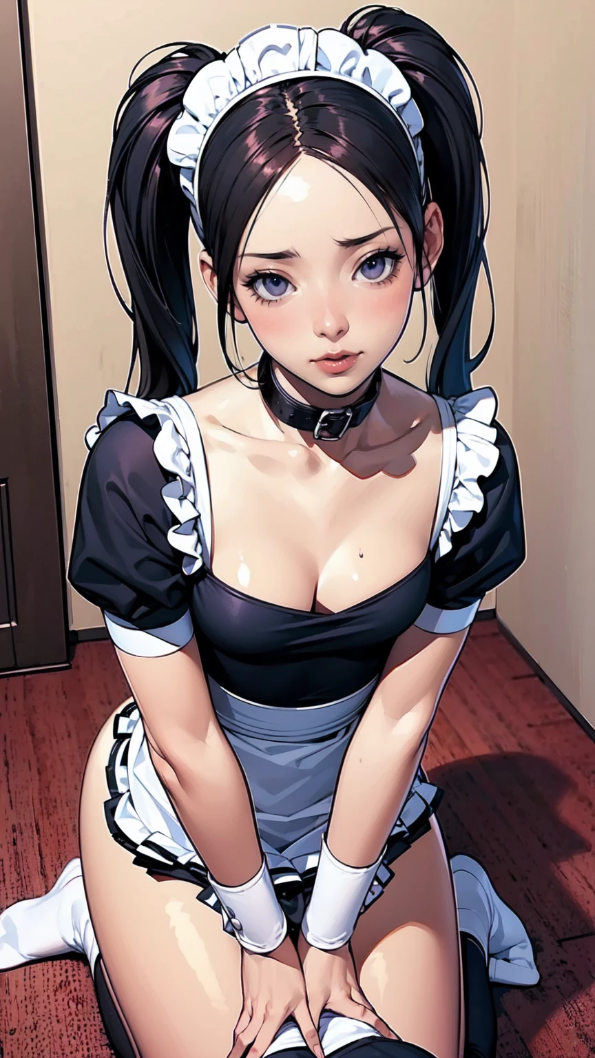 Babe, Beauty, maid, (big kink collar), cute, (submissive:1.8), teengirl, short girl, small girl, (look at me), big eyes, sexy maid wear, pigtail hair, envergonhada, cute, inocente, maquiagem carregada, escrava, submissa