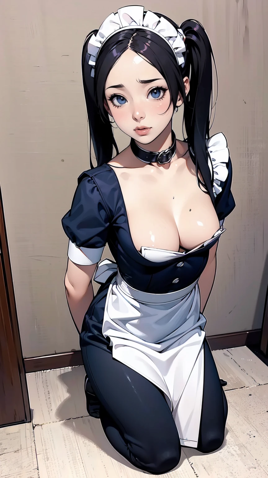 Babe, Beauty, teen maid, (big kink collar), cute, (submissive:1.8), teen, 1 girl, short girl, small girl, (look at me), big eyes, sexy maid wear, pigtail hair, envergonhada, cute, inocente, maquiagem carregada, escrava, submissa