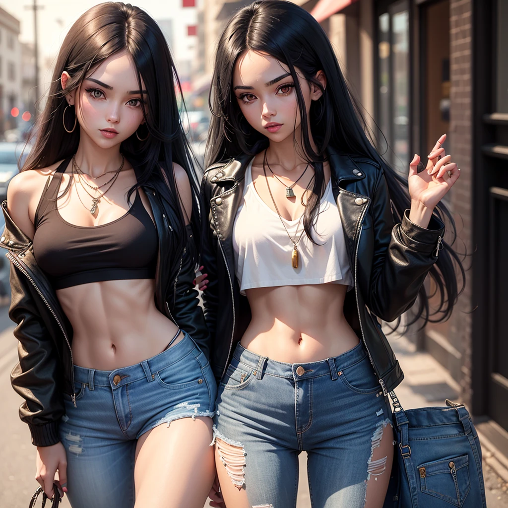 Girl with long black hair with bright geen eyes.A crop top and with jeans with a rich jacket A necklace what says skittles