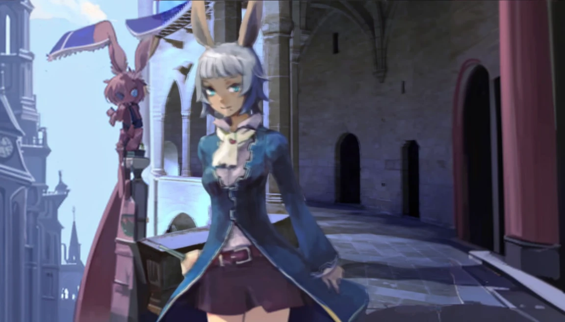 anime character in a blue coat and purple skirt standing in a courtyard, jrpg character, stylized anime, rabbt_character, neferpitou, final fantasy 14 style, alter, anime stylized, beatrice blue, (((viera final fantasy))), colleseum, castle, dusk time, gloominess, vhs effect