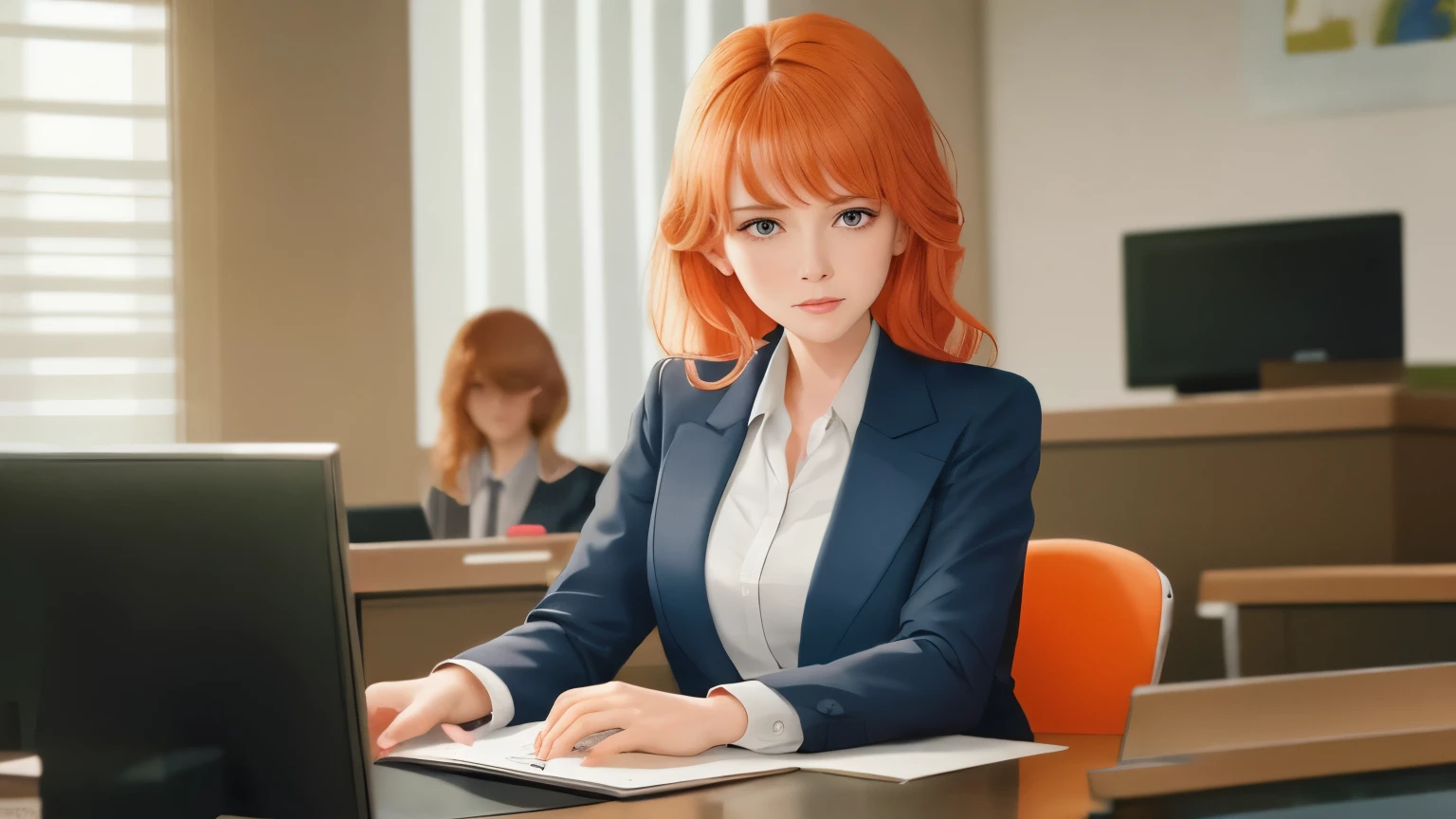 /draw orange hair woman green eyes sitting at desk talking on telephone with computer monitor, 1 9 8 0 s vaporwave business fashion, business woman, 1 9 8 0 s woman, woman in business suit, young business woman, denis velleneuve, female in office dress, sat at her desk, female lawyer, wearing a strict business suit, serious business, working hard, portrait of kim wexler