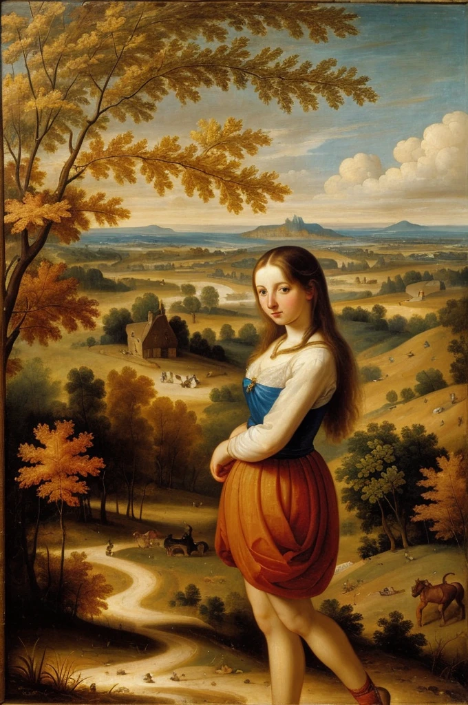 [[(full-length front view: young attractive girl) ((style Abraham Brueghel))]/[background:amazing Renaissance landscape based on Abraham Brueghel) (masterpiece)], oil painting, extreme detail, intricate, unusual, ((best quality))]