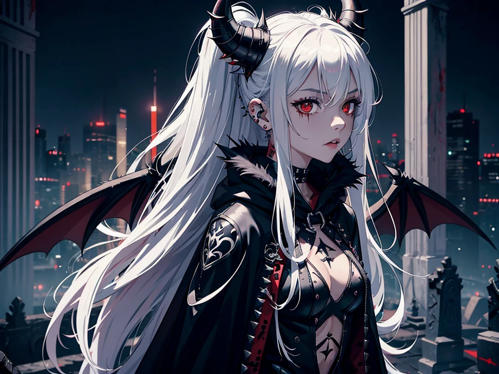 1girl, spiky messy wild white long hair, demon, mechanical, red eyes, blood tears, ear piercings, face piercings, blood, tattoos, bats, mechanical arms, wearing black robot suit, wearing black fur cloak, mechanical wings, mechanical horns, graveyard, night, high res, ultrasharp, 8k, masterpiece, looking at viewer
