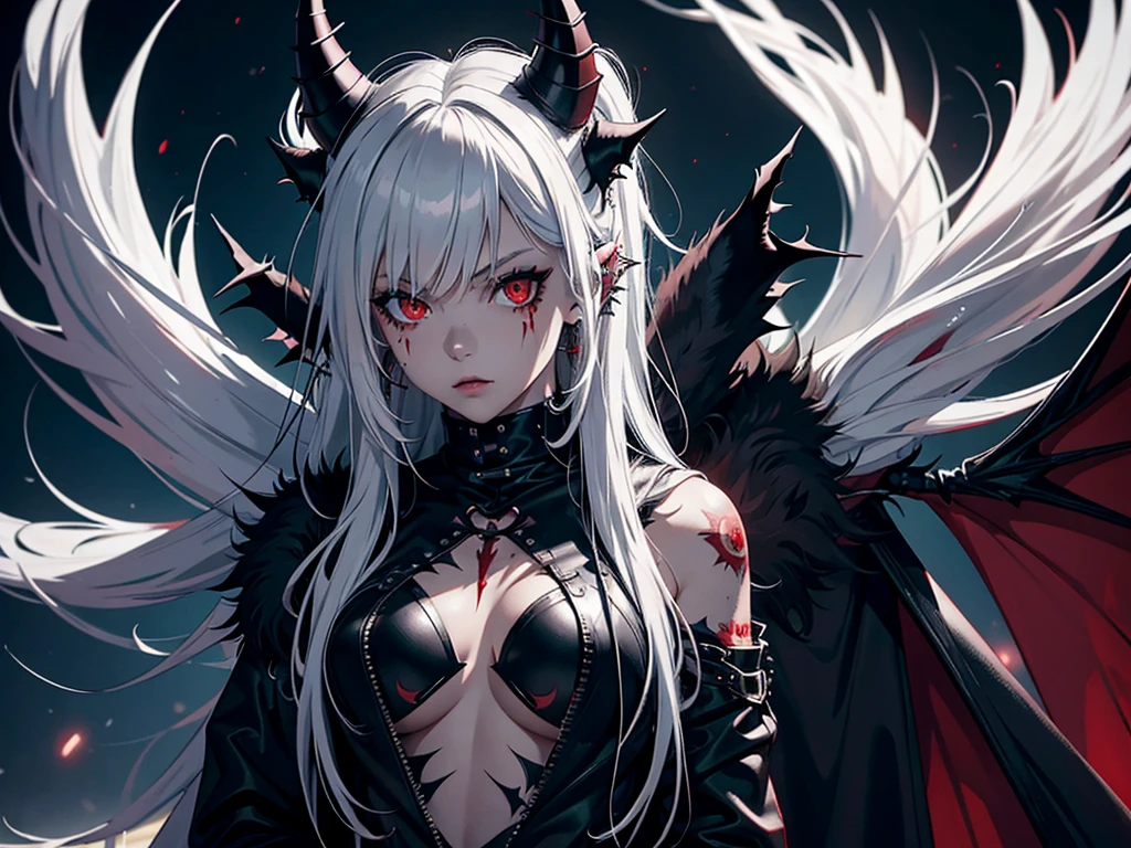 1girl, spiky messy white long hair, red eyes, ear piercings, blood, tattoos, wearing black punk full bodysuit, wearing black fur cloak, bat wings, long horns, graveyard, night, high res, ultrasharp, 8k, masterpiece, looking at viewer