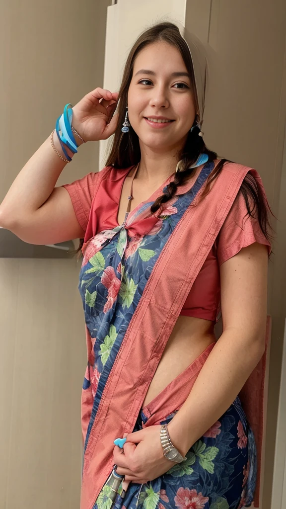 close up photo of 30 years old kiara in a hospital, swooping breasts, smile, deep cleavage, look at camera, blue nurse uniform, stethescope, banded pigtails, 4K, HD