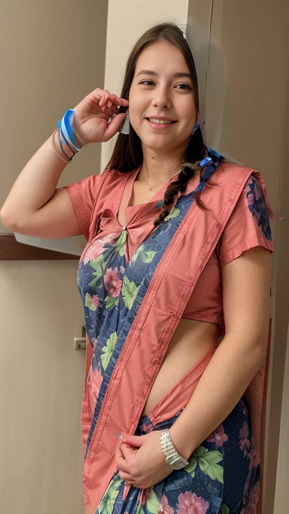 close up photo of 30 years old kiara in a hospital, swooping breasts, smile, deep cleavage, look at camera, blue nurse uniform, stethescope, banded pigtails, 4K, HD