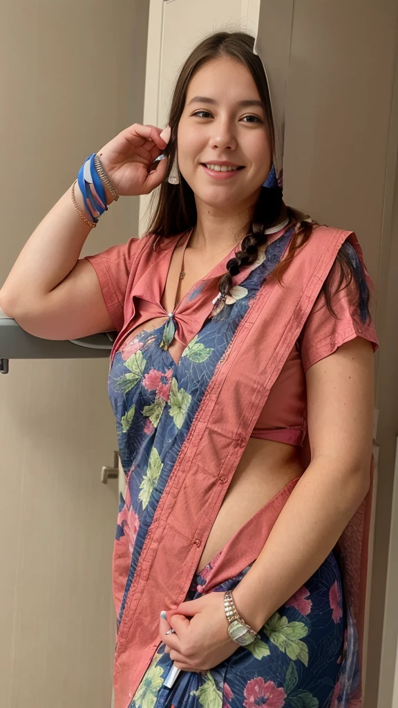 close up photo of 30 years old kiara in a hospital, swooping breasts, smile, deep cleavage, look at camera, blue nurse uniform, stethescope, banded pigtails, 4K, HD