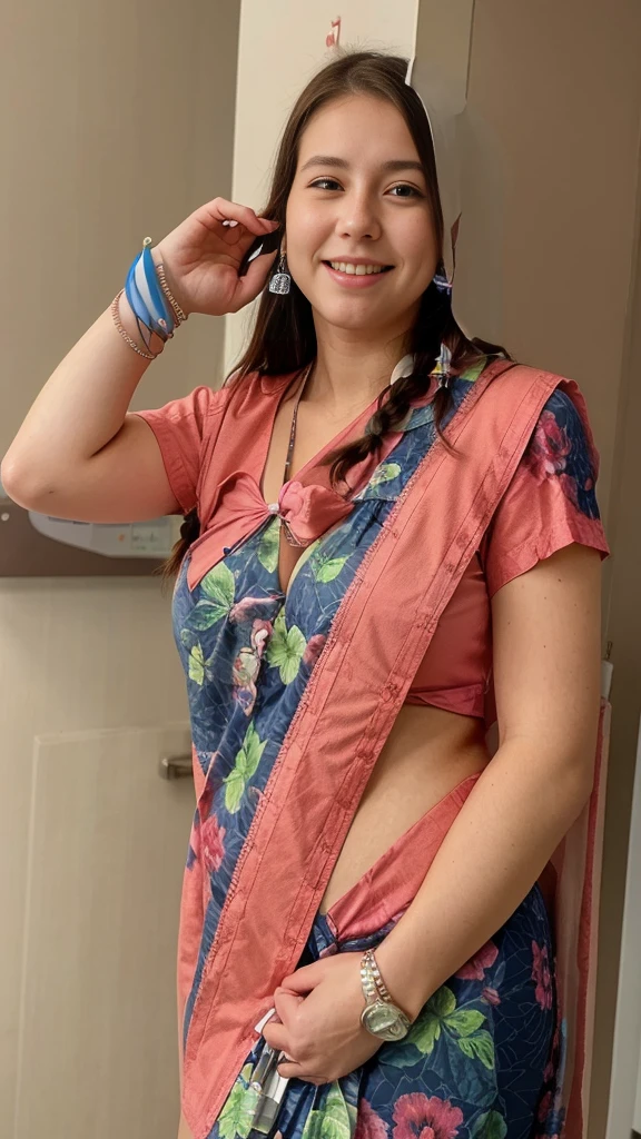 close up photo of 30 years old kiara in a hospital, swooping breasts, smile, deep cleavage, look at camera, blue nurse uniform, stethescope, banded pigtails, 4K, HD