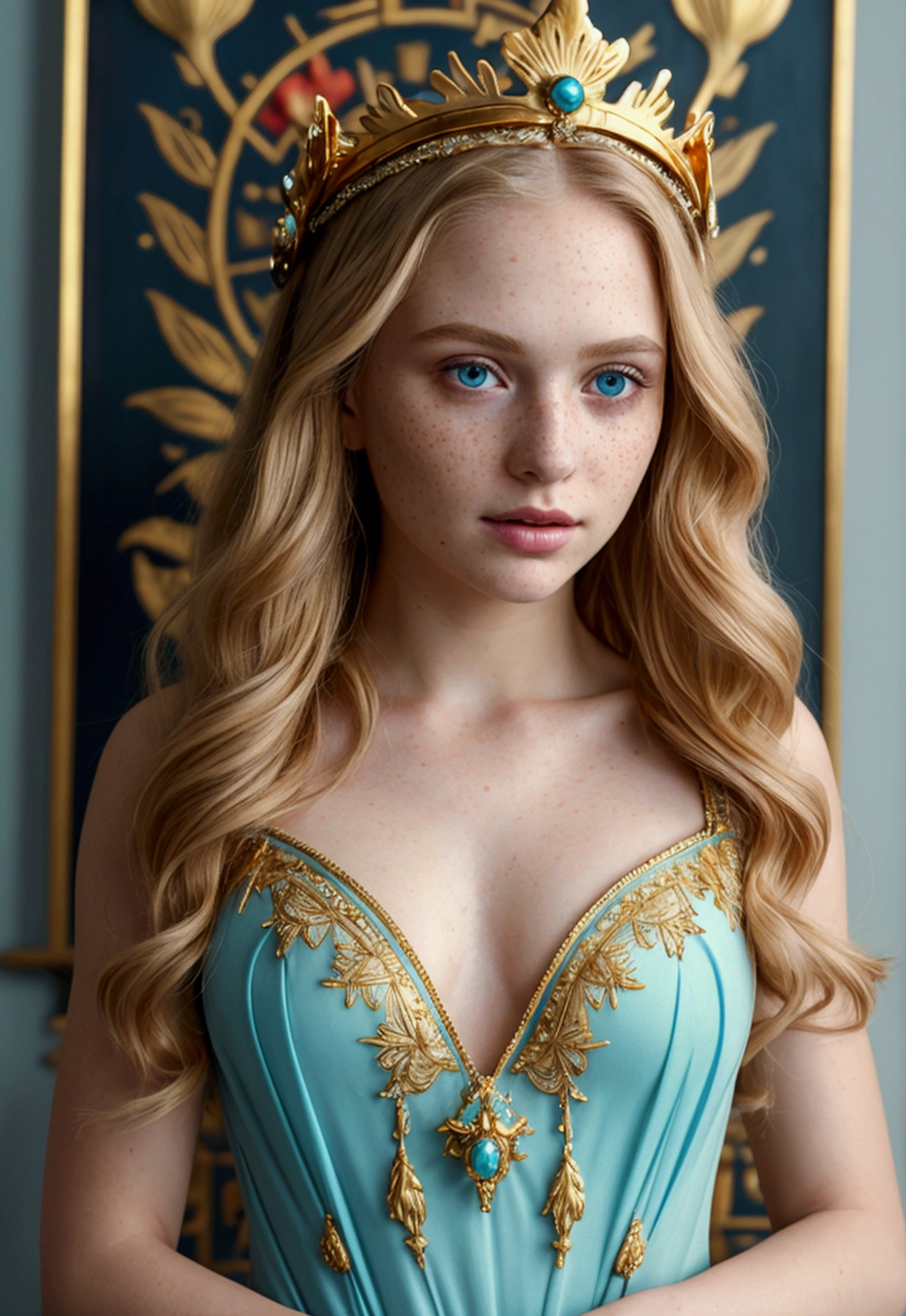 A close-up illustration of a water goddess with an intricate golden crown adorned with coral and wave motifs. The goddess is positioned slightly to the right with her head raised and looking upwards. She has long, wavy blonde hair and pale skin with golden freckles. She wears a serene and regal expression. She is dressed in a turquoise and blue gown with golden corals and orange fishes patterns and ornamental details. Behind her is a golden halo with ancient inscriptions, surrounded by golden stars and other celestial symbols. The dark background features a small light-colored fish and more water elements. The illustration uses a color palette predominantly in turquoise, blue, and gold tones, with fine and luminous details. The focus is on her face and crown, captured from the chest up, while the background elements are slightly blurred to emphasize the main figure. (Masterpiece, Best quality, high resolution:1.4), 1 girl, purity, skin pores texture, Blonde hair..., hd , Photography, Movie, (8K, raw photo, Best quality, Masterpiece:1.2), (realistic, photo-realistic:1.33), Best quality, detailed light blue eyes, cute, natural lighting, Depth of field, Movie grain, wrinkled skin, very pale skin, Sharp, detailed and realistic (freckles:0. 5) dramatic lighting, Photographic realism, ultra detailed, Leica 50mm