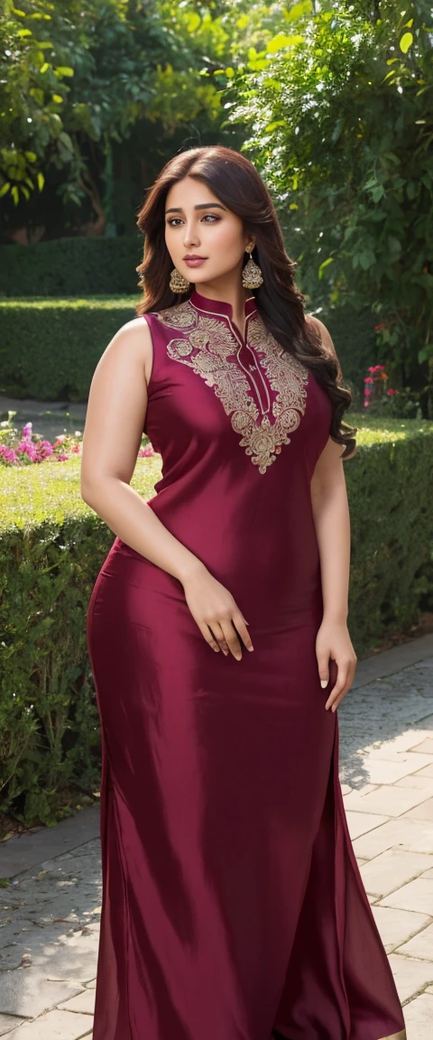 Hyper realistic kareena Kapoor chubbyclose up, (front focus), Beautiful Indian women, curvy, chubby women, ((waring maroon color silk kurta))), ((silk kurta and pant)), beautiful face, makeup, mesmerizing eyes, luscious lips, wavy hair, outside the house, in the garden, happy, ((front pose)), beautiful sexy body, ((good proportion)), seducing, realistic background, pose, chubby women, sharp front focus, detailed skin texture, chubby arms, curvy figure, realistic underarms, correct eye focus, wet body with water, (highly detailed,illustration,intricate,attractive body,beautiful eyes,beautiful lips,extremely detailed face,longeyelashes), ((Full body picture)), cinematic, potrait, dynamic lighting,age 45, (wearing sleeveless salwar kameez), symmetrical face, stunning art, intense look, detailed, red lips, messy strands of hair, detailed hair, intense look, (best quality,4k,8k,highres,masterpiece:1.2),ultra-detailed,(realistic,photorealistic,photo-realistic:1.37),vivid colors,sharp focus,portrait, studio lighting, in indian village background, (SFW), (light skin color) full body ,(plus size:1.3), big ass, big breast,,((plus size:1.3)),outsize model , (hourglass figure:1.3),(wide hips), sharp and focus,different poses, different angle ,face detailed, ultra high res.photo realistic: 1.4, UDH, realism.