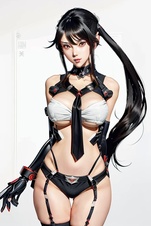 a woman with long black hair and a black top is posing, tits, biomechanical tits, tits cyberpunk, The charming Ryuko Matoi, ryuko matoi, Kantai Collection Style, Kantai Collection Arcade, Twin tails white_gloves, Twin tails, Enchanting anime girl, tits proportions, Azur Lane Style, Ayaka Genshin Impact