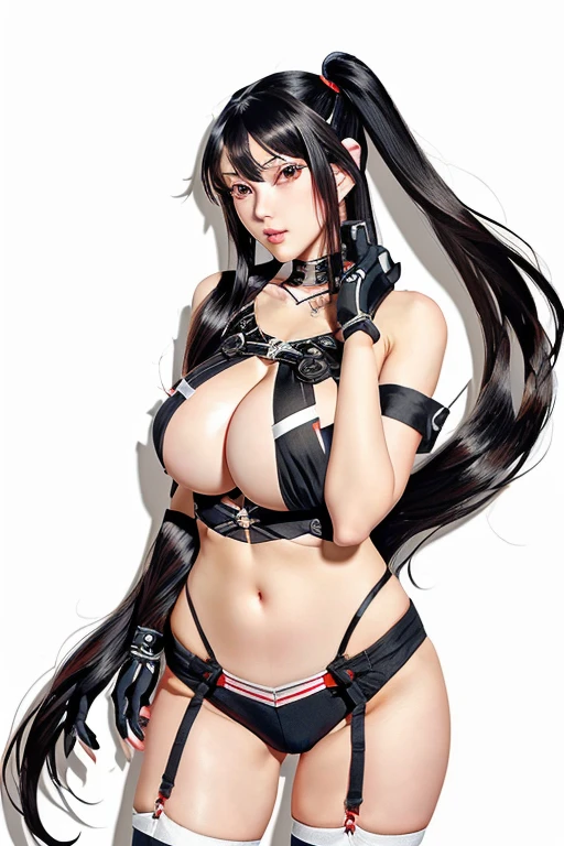 a woman with long black hair and a black top is posing, tits, biomechanical tits, tits cyberpunk, The charming Ryuko Matoi, ryuko matoi, Kantai Collection Style, Kantai Collection Arcade, Twin tails white_gloves, Twin tails, Enchanting anime girl, tits proportions, Azur Lane Style, Ayaka Genshin Impact