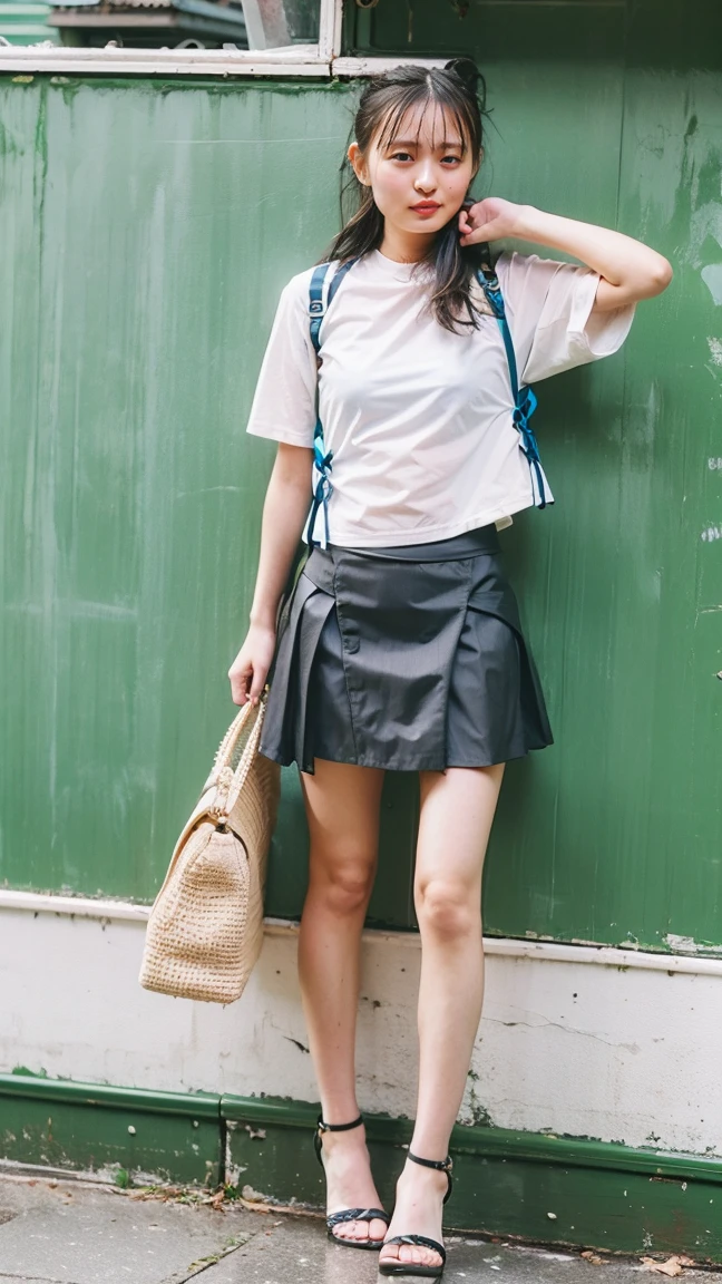 (((The shoulder strap of the bag can be worn diagonally across the body:1.4、mini skirt, No underwear:1.22、Big Breasts、barefoot, Stiletto heels)))、((Viewing angle from below、Highest quality、masterpiece、32k、Every detail counts))、Descend the outdoor stairs、commute、whole body、Very tight camisole、Strong winds、(((A strong wind blows my hair and skirt away:1.62)))、One Girl