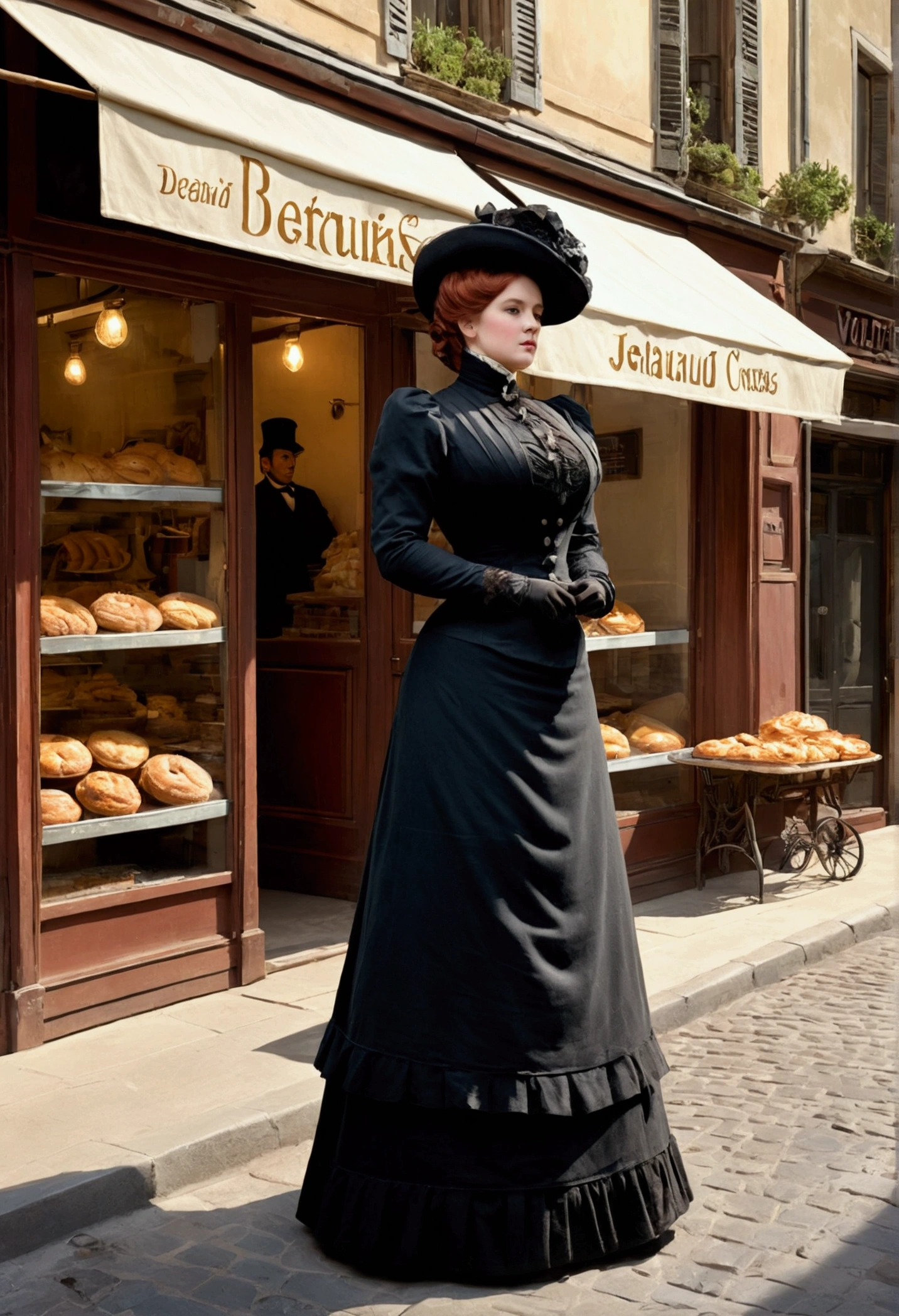 Full body shot  in side view of A voluptuous buxom  Victorian widow standing outside of a bakery in the street, by Jean Béraud, inspired by Jean Béraud, inspired by Édouard Detaille, edouard leon cortes, inspired by Ivan Kramskoi, inspired by Jean-Louis-Ernest Meissonier, by Édouard Detaille, inspired by Paul Émile Chabas