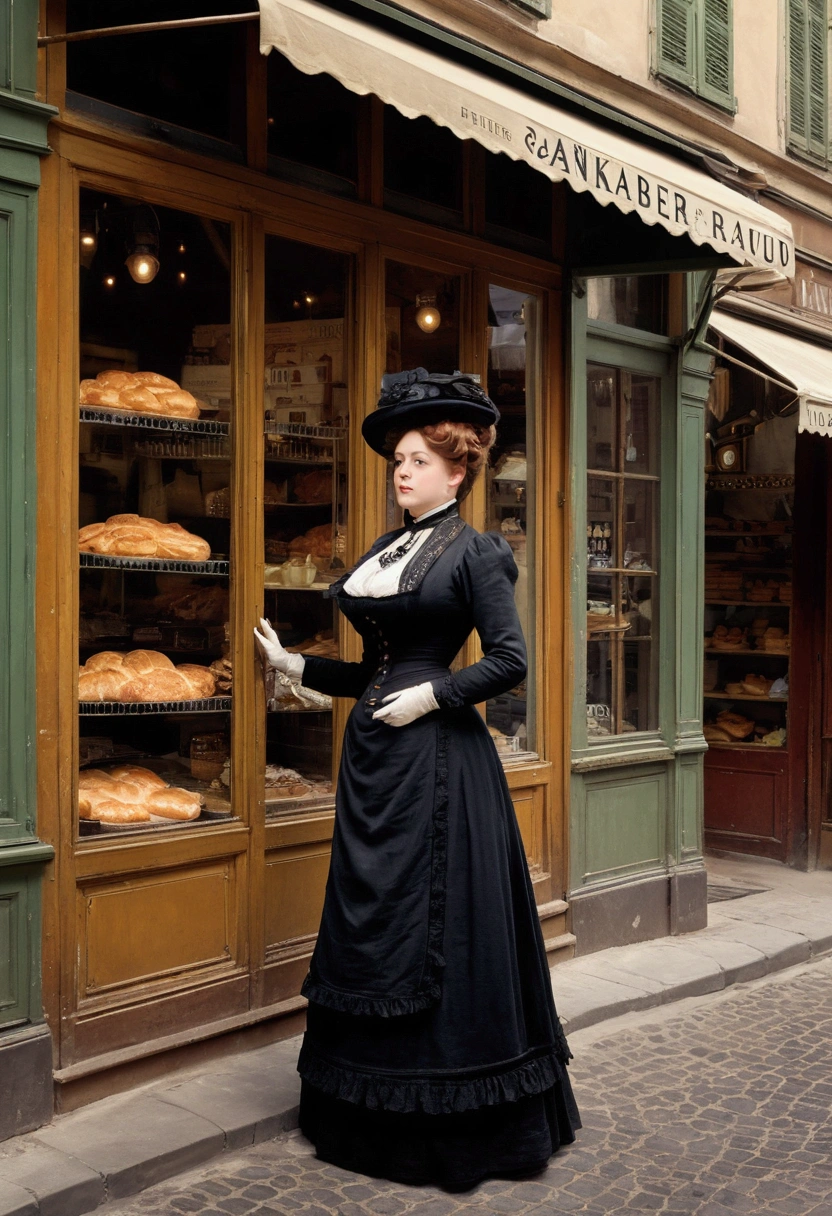 Full body shot  in side view of A voluptuous buxom  Victorian widow standing outside of a bakery in the street, by Jean Béraud, inspired by Jean Béraud, inspired by Édouard Detaille, edouard leon cortes, inspired by Ivan Kramskoi, inspired by Jean-Louis-Ernest Meissonier, by Édouard Detaille, inspired by Paul Émile Chabas