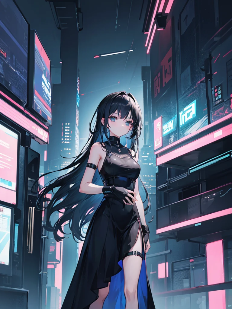 1girl, solo, looking at distance, wide, sad, black dress, reaching hand to sky, cyberpunk setting, anime style