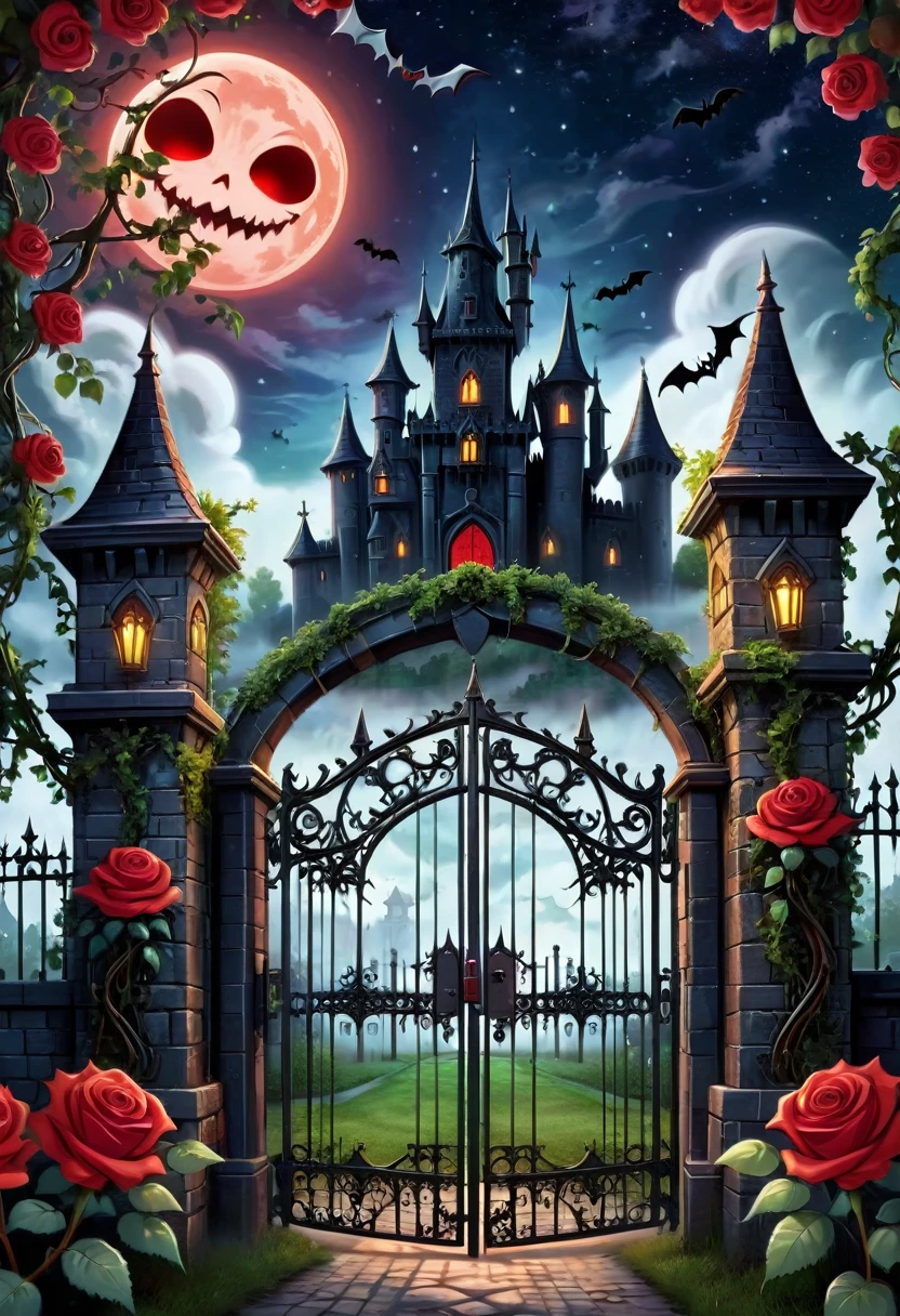 (Symmetrical:1.3), (cute cartoon style:1.3), (gothic theme park), (huge iron gates open in the shape of a scary face) adorned with red roses and ((twisting plant vines)), nature style, gothic castle behind the gates, Haunted graveyard, ((cute ghost starring at the viewer)), ((bats)), night starry sky, (giant red moon), mysterious fog, More details