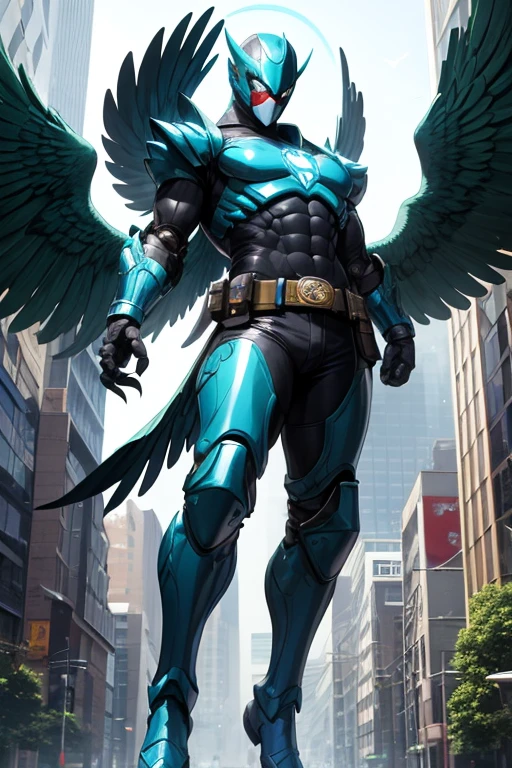 ((best quality)), ((masterpiece)), (detailed), 1 man, full body, 25 years old, masked, blue mask, blue head, uncovered mouth, biker helmet, blue helmet, parrot helmet, black neck, tall, thin, black beak, black details, a green parrot with a blue head on his side, metallic wings, wings on his arms, blue fingerless gloves, blue wristbands, luminous blue wings shooting lasers, blue suit resembling light armor, blue suit with an emblem, entirely green chest, emblem on his chest, green pants, deployable bird tail, metallic feathers, gray knee pads, metallic gray boots, metallic bird claws, black superhero belt, flying through the city, midday city background, anime