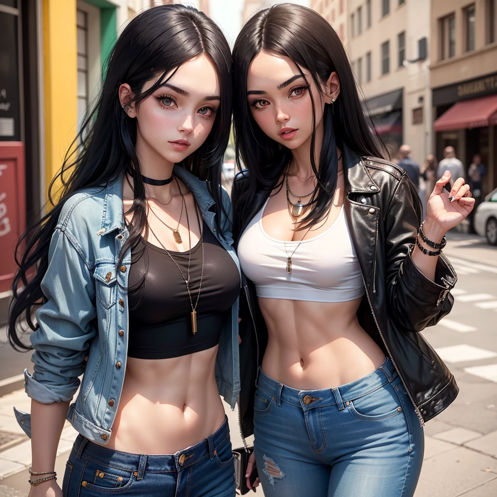 Girl with long black hair with bright geen Is eyes Color.A crop top and with jeans with a rich jacket A necklace what says skittles