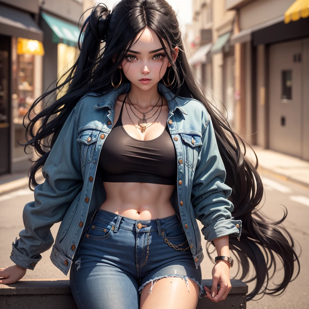 Girl with long black hair with bright geen Is eyes Color.A crop top and with jeans with a rich jacket A necklace what says skittles