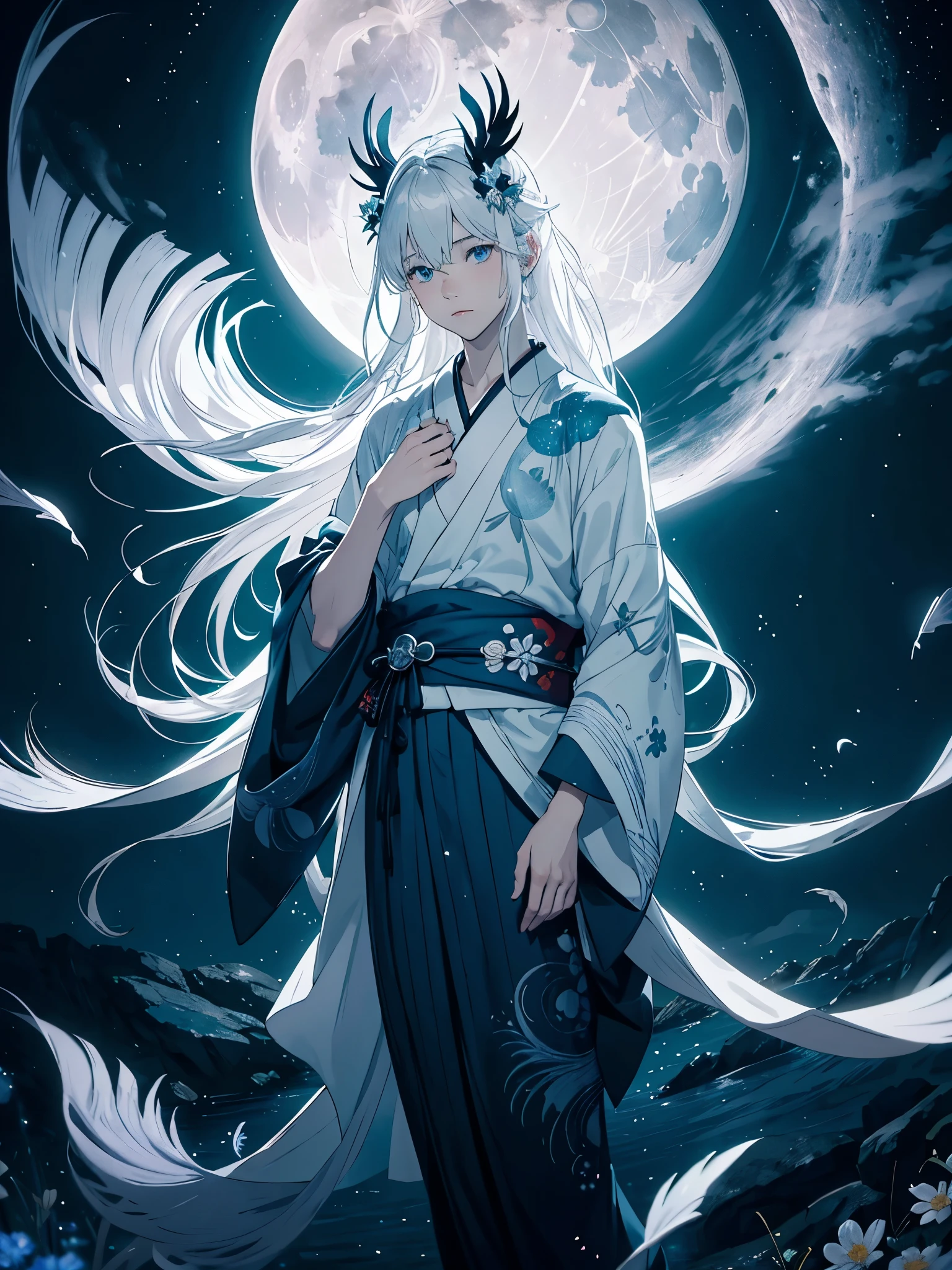 Kimono. White crows. Ghosts. lights. magical. Power animals. Spirit. King of the moon. Long hair. long white hair. aquatic, boy, silver hair accessories, White hair, blue flowers. Blue lights. full moon. holy.