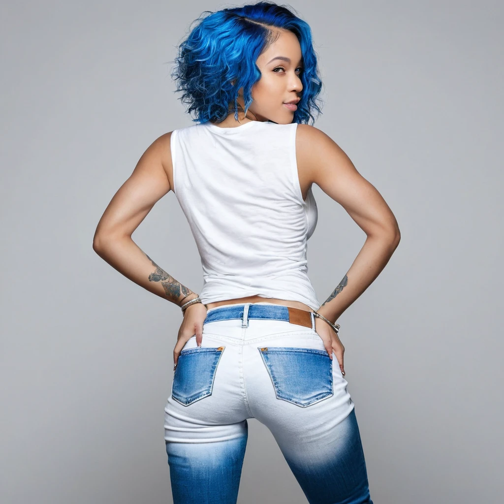 1 beautiful biracial blue hair, blue eyes, extremely detailed full body, De Derrière, round butt, shorty jeans, white t-shirt, Résolution Haute, photoshoot, studio