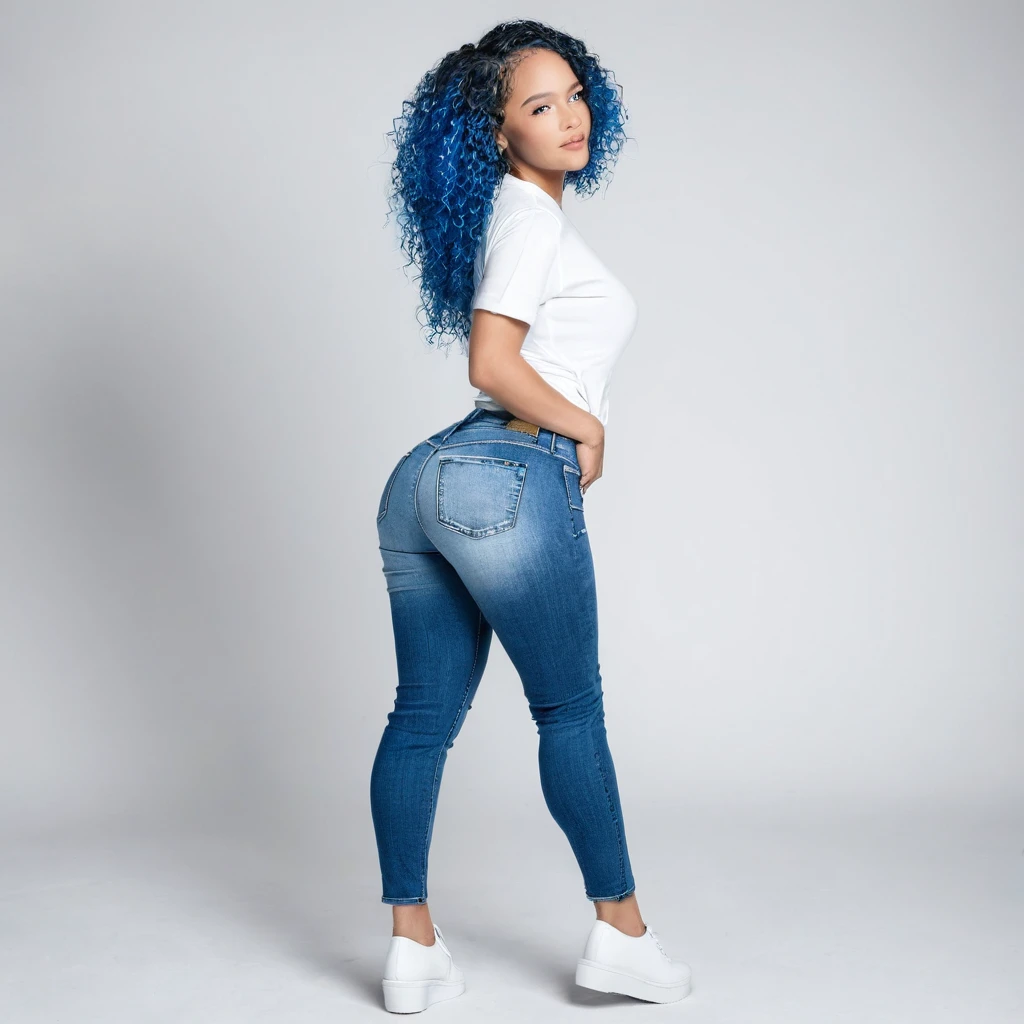 1 beautiful biracial blue hair, blue eyes, extremely detailed full body, De Derrière, round butt, shorty jeans, white t-shirt, Résolution Haute, photoshoot, studio