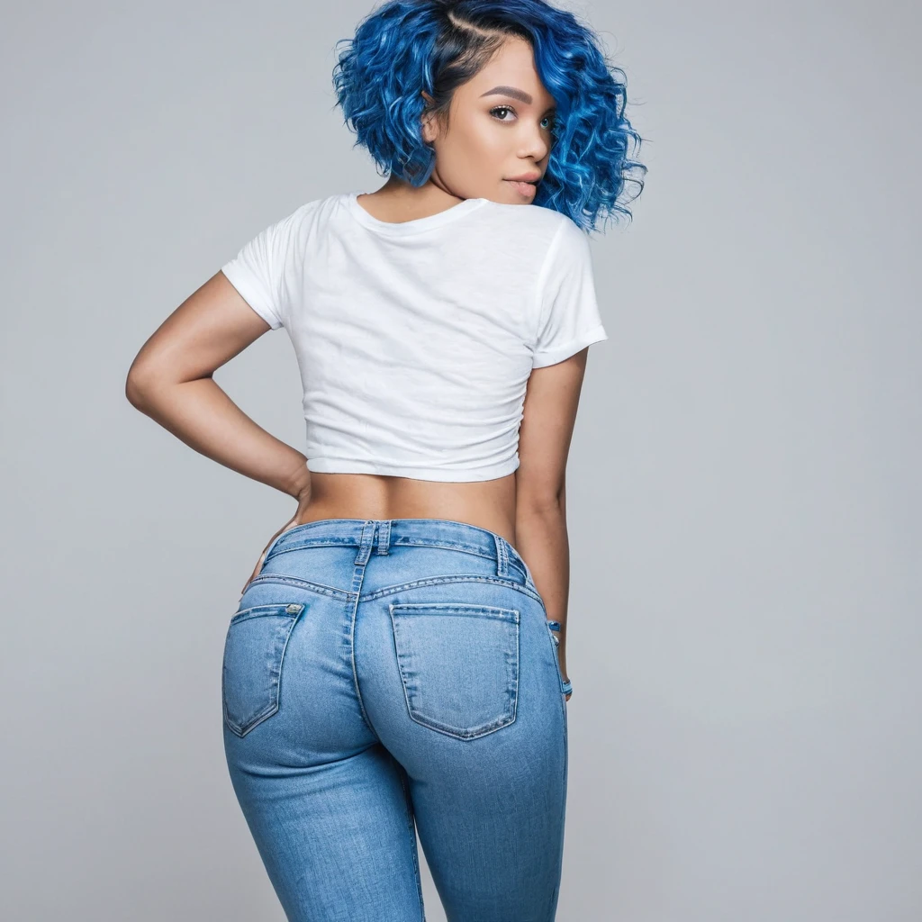 1 beautiful biracial blue hair, blue eyes, extremely detailed full body, De Derrière, round butt, shorty jeans, white t-shirt, Résolution Haute, photoshoot, studio