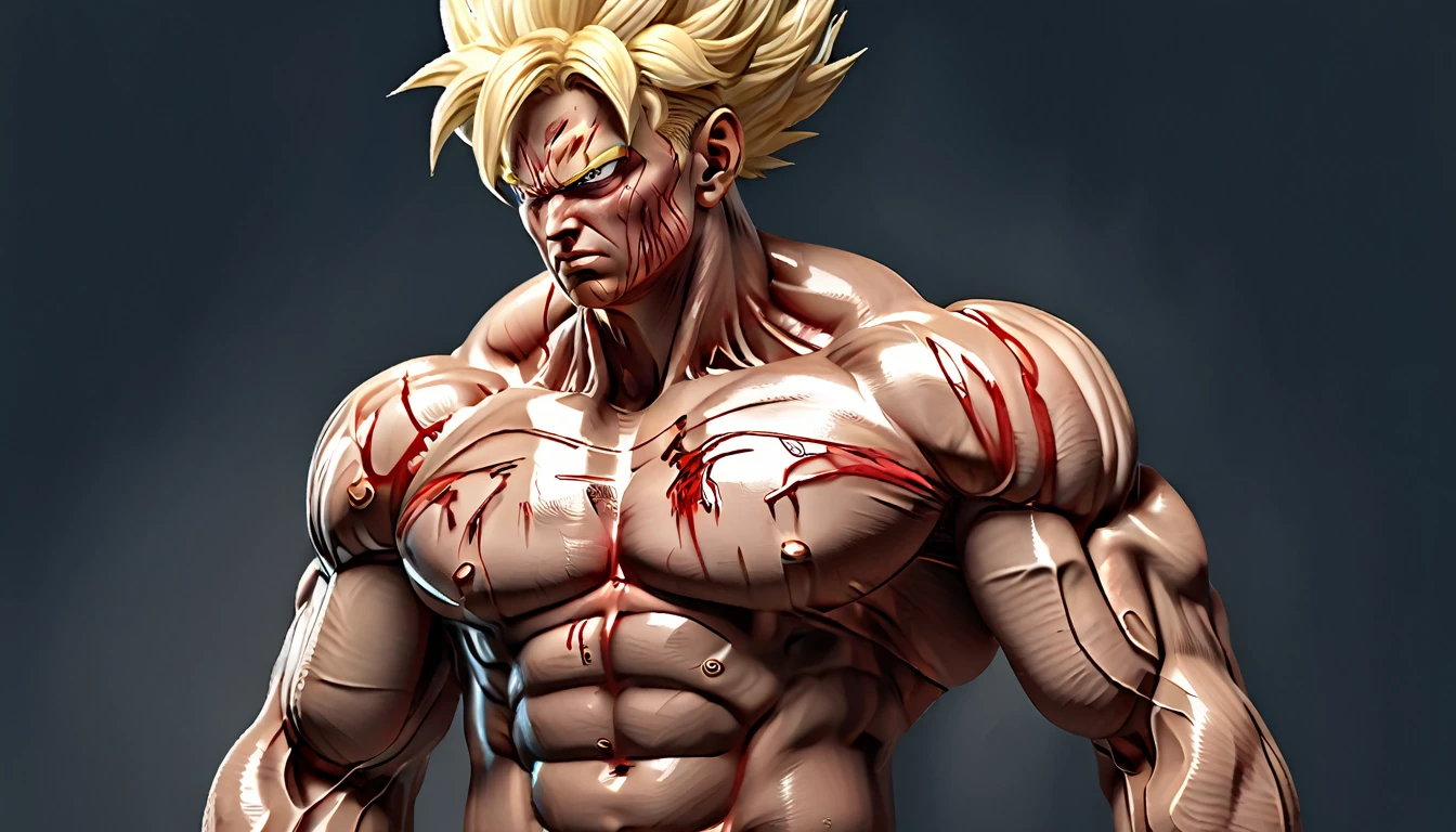 Full body image "(Highest quality, 8k, ultra-detailed, Realistic:1.2), Portraiture, Muscular, Calm, Face contorted in pain, detailed, Blonde, strict, Intimidating, Powerful, Show off his strength", (((Huge penis))),
