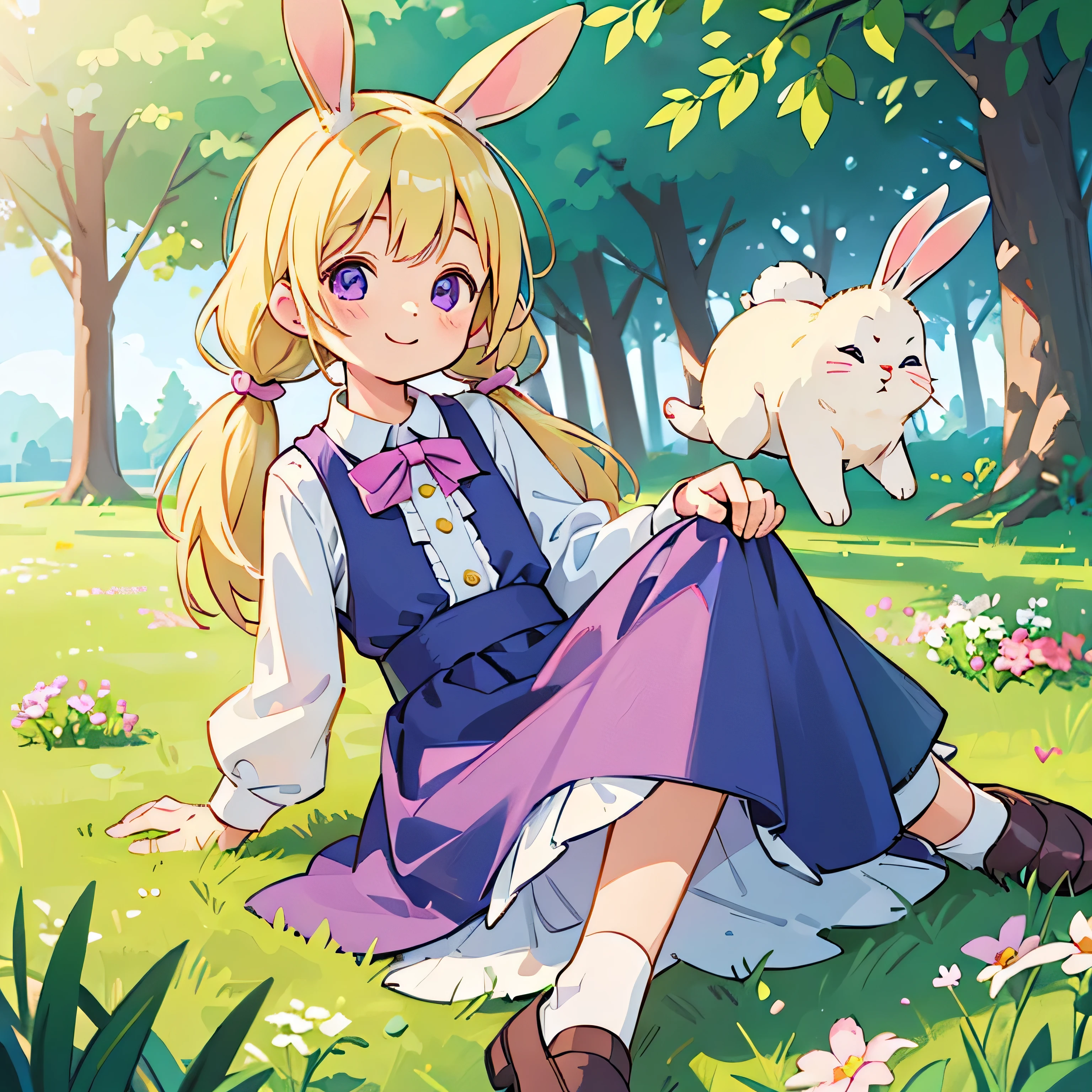 (Realistic:1.37)、Octane Rendering、Morning Park、Smiling girl with blonde twin tails、Purple eyes、Bright colors、Soft sunlight、beautiful flower、Green Grass、Five rabbits are playing、A playful atmosphere、Peaceful environment、Detailed Texture、Bright colors、Cute shoes with accessories、He looks happy
