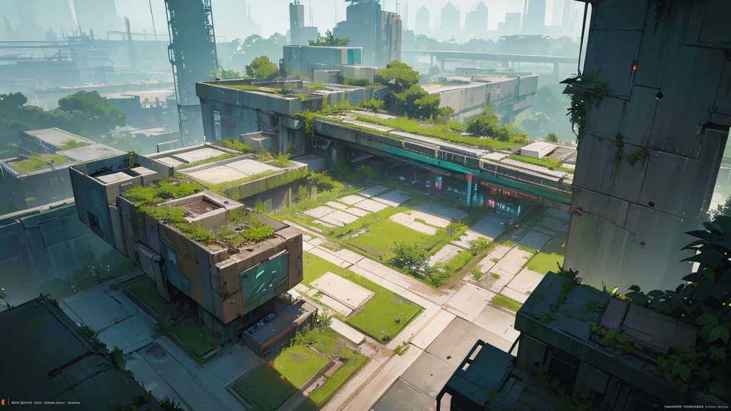 An abandoned futuristic square overgrown with greenery, cyberpunk style, aerial view, dystopian and overgrown plants, ruined architecture, neon lights, moody lighting, dramatic shadows, soft color palette, cinematic composition, high quality, 8k, hyper-detailed, photorealistic, studio lighting, physics-based rendering, RPG setting seen from above like tabletop rpg